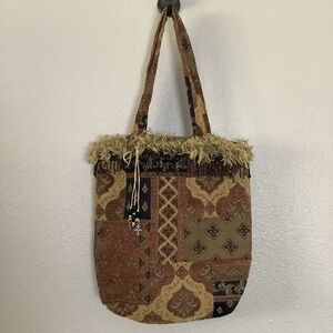 Vintage Handmade Tapestry Unique Patchwork Fringe Artsy Goblincore Shoulder Bag‎
